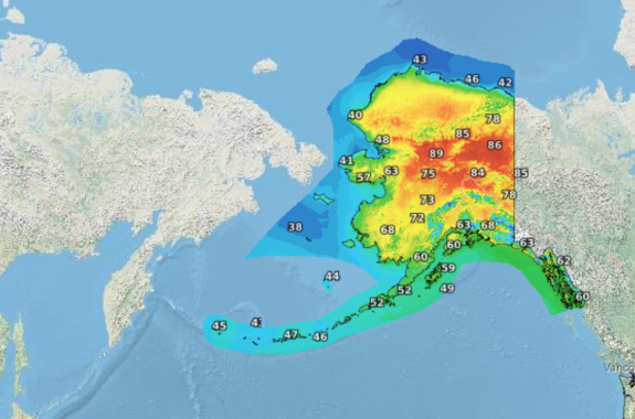 A heat map of Alaska with temperatures in the 80s